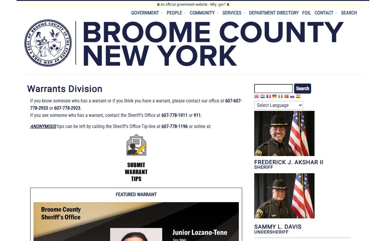 Broome County warrant records Sheriff warrants page
