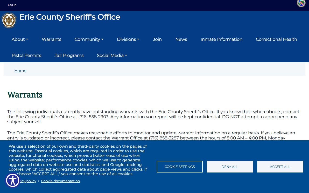 Erie County warrant records active warrants database from Sheriff's Office