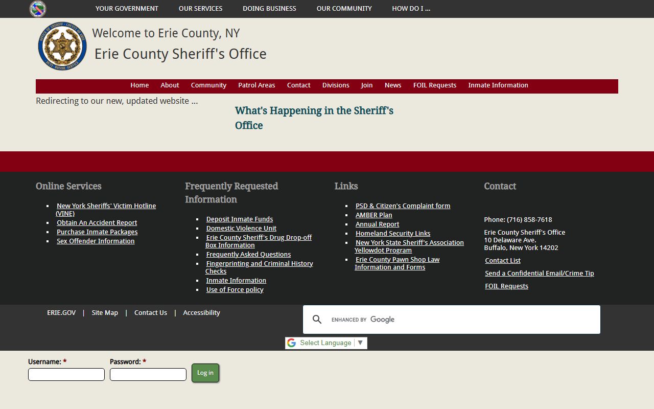 Erie County warrant records Sheriff's Office main website page