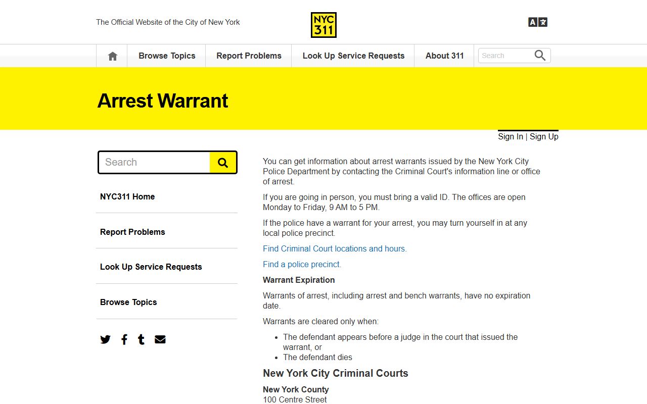 Kings County warrant records NYC 311 warrant information page