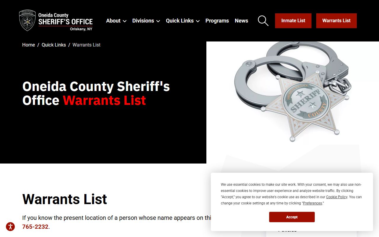 Oneida County active warrants list database search page