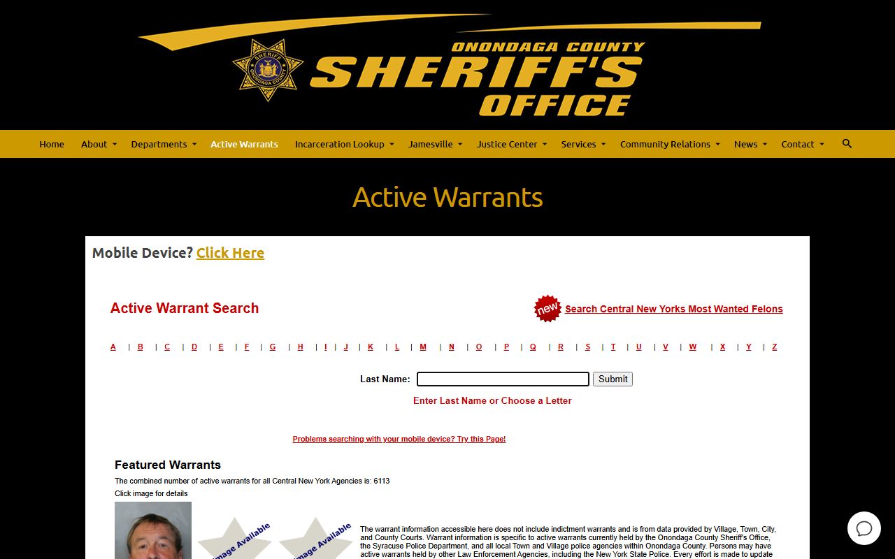 Onondaga County active warrants database search page