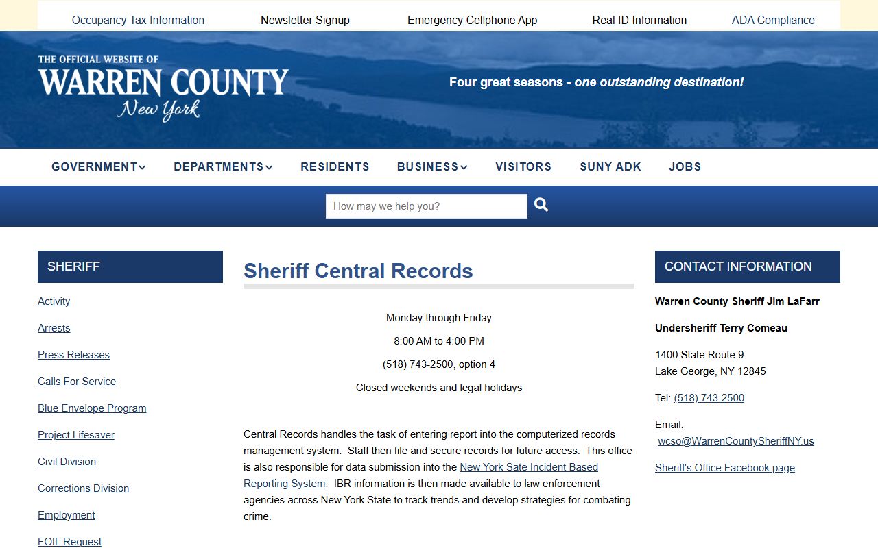 Warren County warrant records sheriff central records page