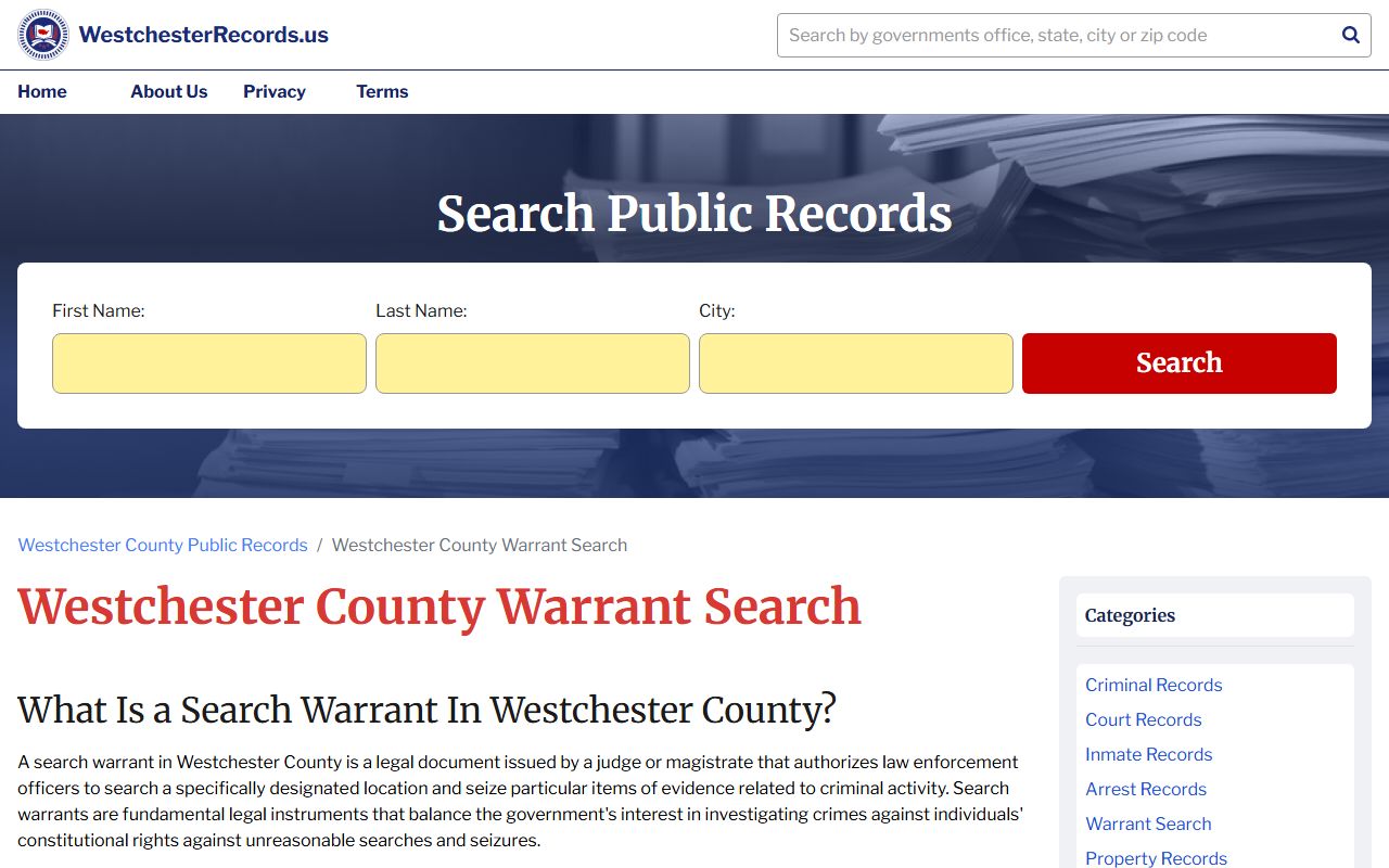 Westchester County warrant records search page