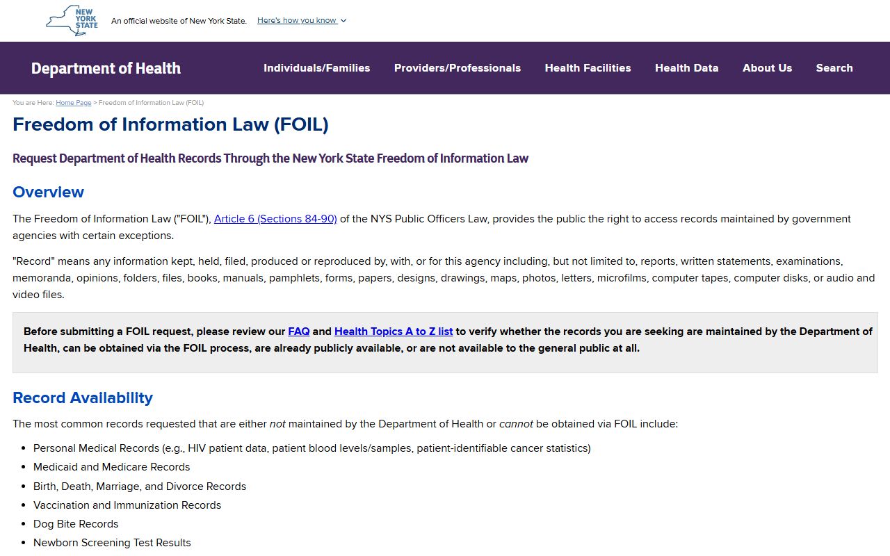 New York warrant records DOH FOIL records access